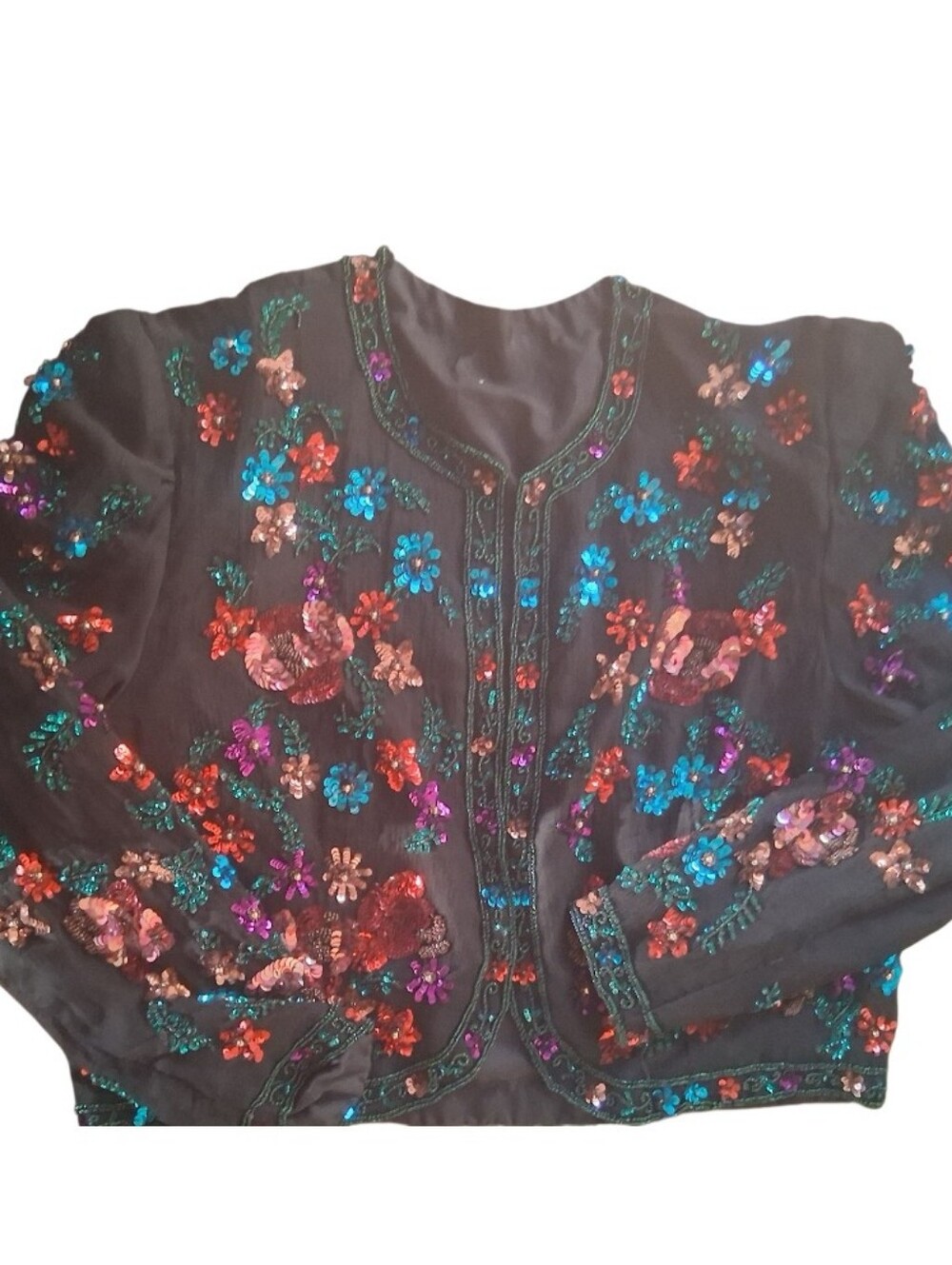 Rare Vintage Black Floral Beaded Sequin Blouse - Women Size M